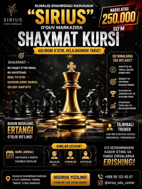Shaxmat kursiga qabul boshlandi ! 1 Shaxmat kursiga qabul boshlandi ! 1