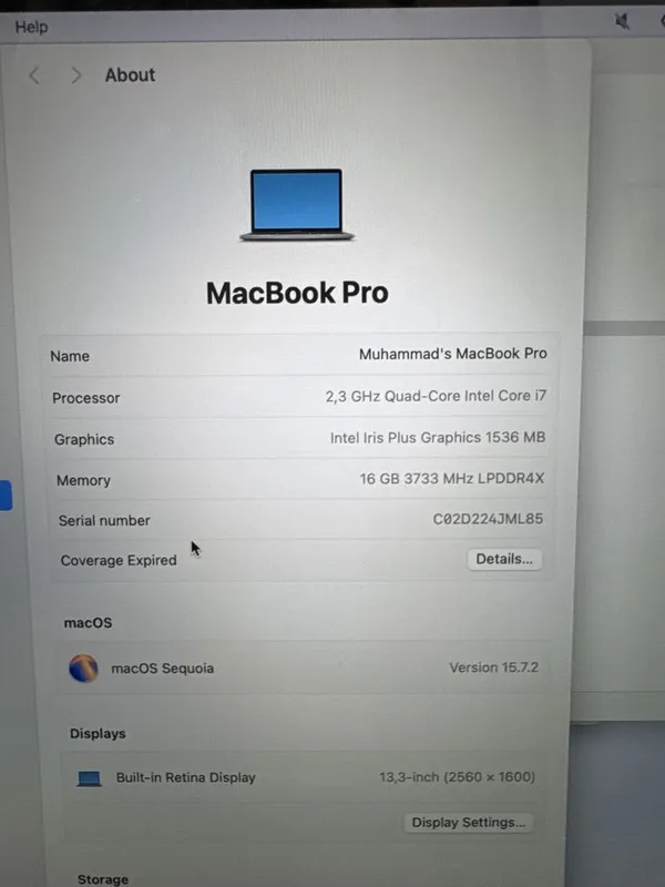 Macbook pro i7 512/12 model A2251 13inch 4