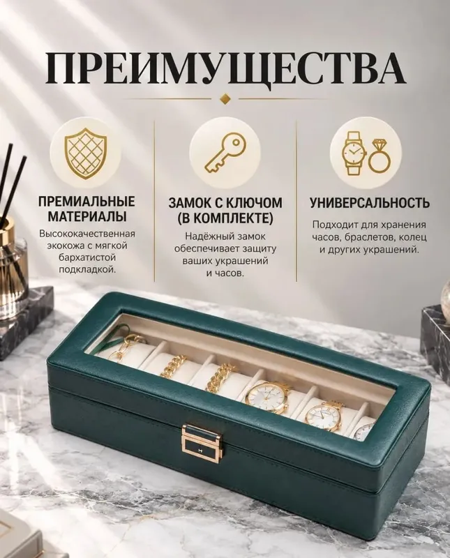 Soatlar, taqinchoqlar va bijuteriya uchun quticha, 6 ta slot, yashil 2 Soatlar, taqinchoqlar va bijuteriya uchun quticha, 6 ta slot, yashil 2