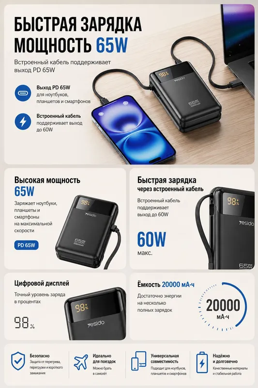 Powerbank Yesido — 65W, 20000 mAh. Быстрая зарядка 2 Powerbank Yesido — 65W, 20000 mAh. Быстрая зарядка 2