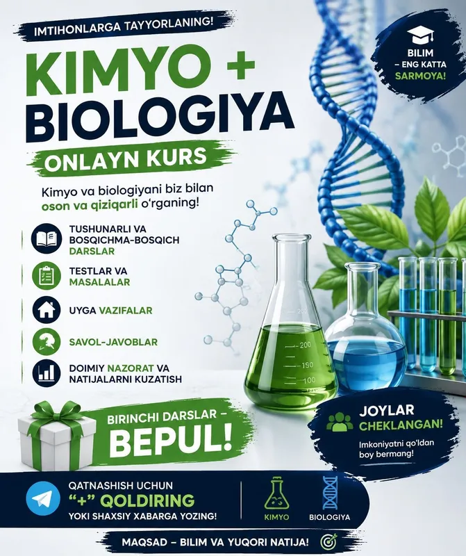 Onlayn kurs Bialogiya/Kimyo Onlayn kurs Bialogiya/Kimyo