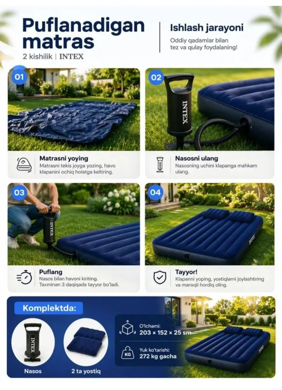Intex 2 Kishilik Yumshoq va Qulay Matras — фото 2