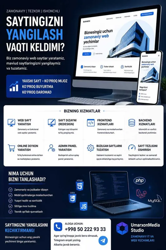 Biznes Uchun Web Sayt Yaratish va Yangilash