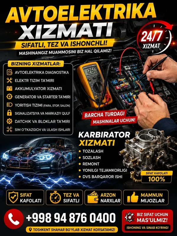 Avtoeliktirik Hizmati 24/7 Hizmat ko‘rsatamiz 24/7vizf hizmati Avtoeliktirik Hizmati 24/7 Hizmat ko‘rsatamiz 24/7vizf hizmati