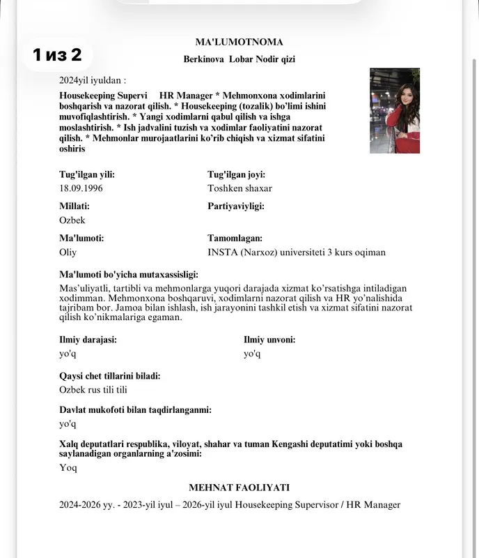 Housekeeping Supervisor / HR Manager 1 Housekeeping Supervisor / HR Manager 1