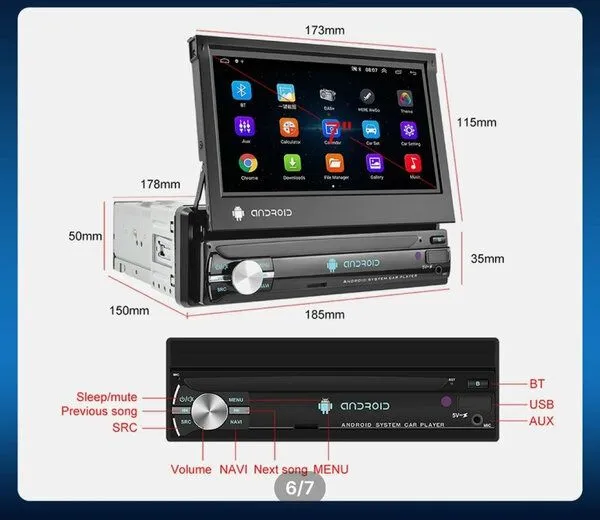 Автомагнитола 1 din 7505A-5712B с выдвижным экраном 4/64GB IPS DSP Car — фото 2