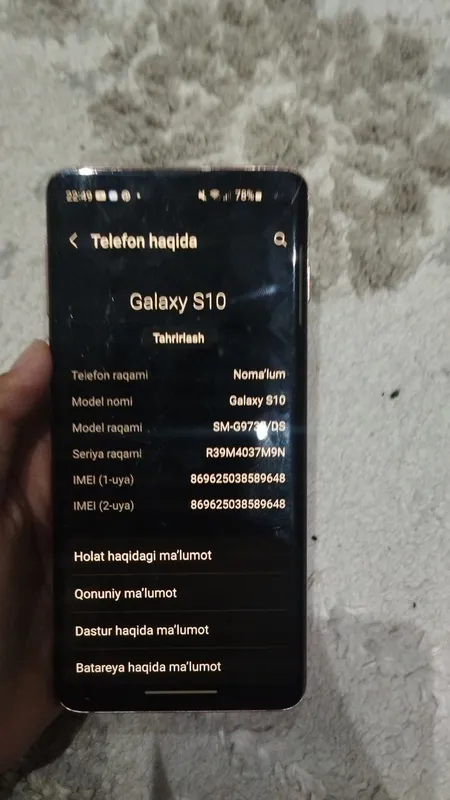 galaxay s10 xotira 128 gb ekran faqat singan