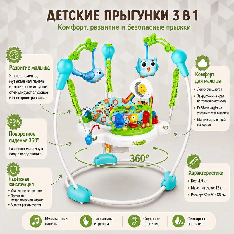 Детские прыгунки 3 в 1, музыкальный игровой центр 360° 1