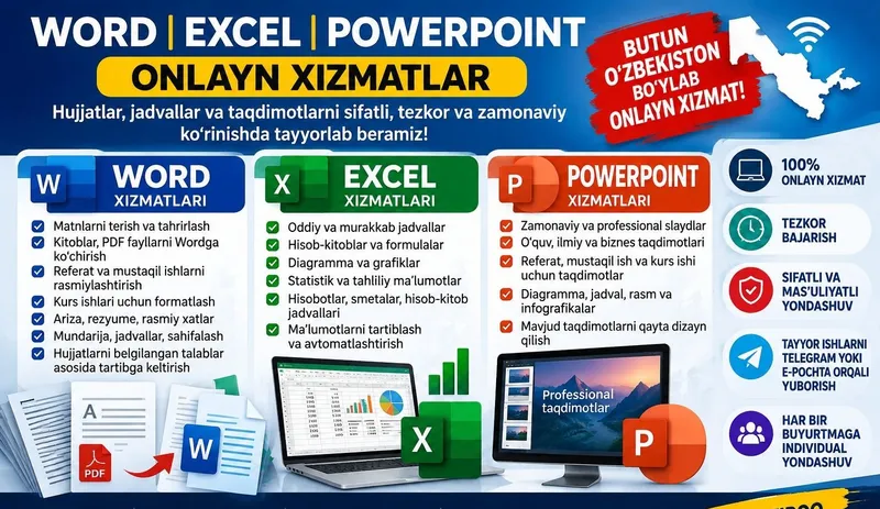 Word, Excel, PowerPoint xizmatlari — 100% onlayn Word, Excel, PowerPoint xizmatlari — 100% onlayn