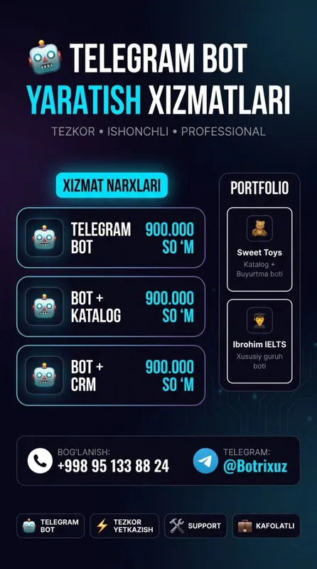 Biznes uchun Telegram-botlar yaratib beramiz Создаю Telegram-боты