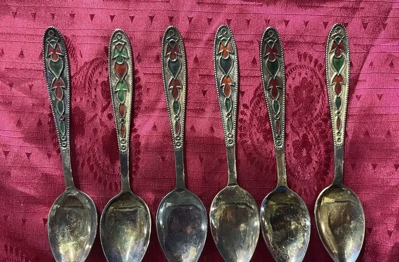 Ложки кофейные позолоченные с эмалью. Серебро 875пр. 6 штук. 3