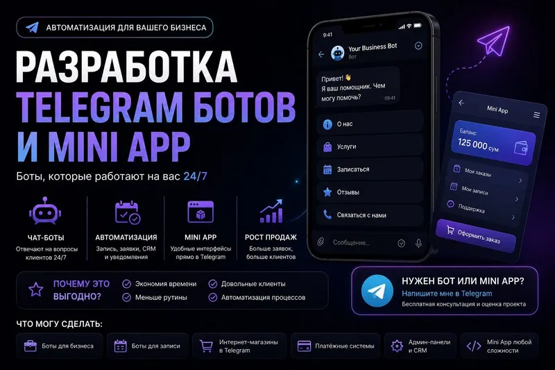 Разработка Телеграм ботов, сайтов, приложений любой сложности 2 Разработка Телеграм ботов, сайтов, приложений любой сложности 2