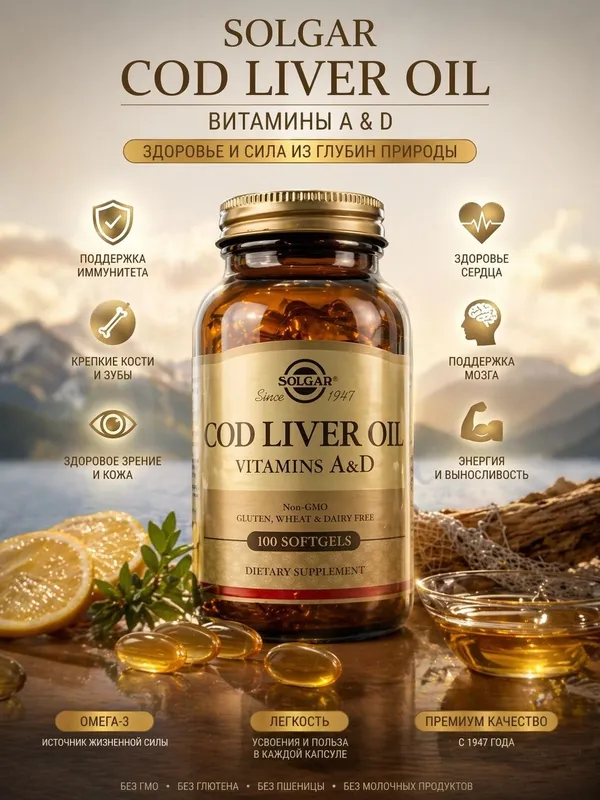 Рыбий жир. Масло печени трески, вит. A,D. Solgar Cod Liver Oil