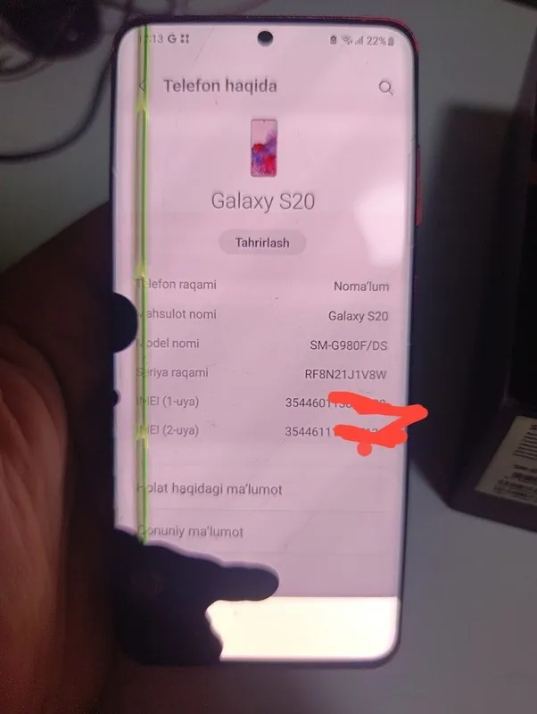 Samsung S 20 Xotira 8/128 Immi/esim utgan Yonadi ishlaydi Ekrani ket 4 Samsung S 20 Xotira 8/128 Immi/esim utgan Yonadi ishlaydi Ekrani ket 4