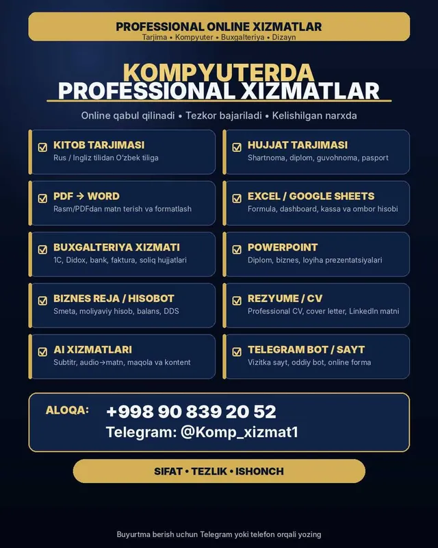 Professional online kompyuter xizmatlari ko‘rsatiladi.