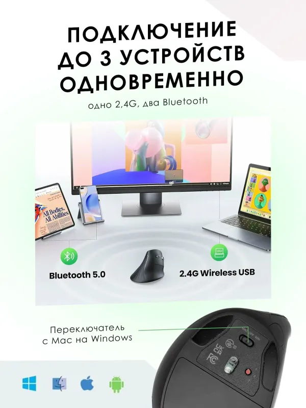 Мышь беспроводная бесшумная вертикальная UGREEN — фото 6