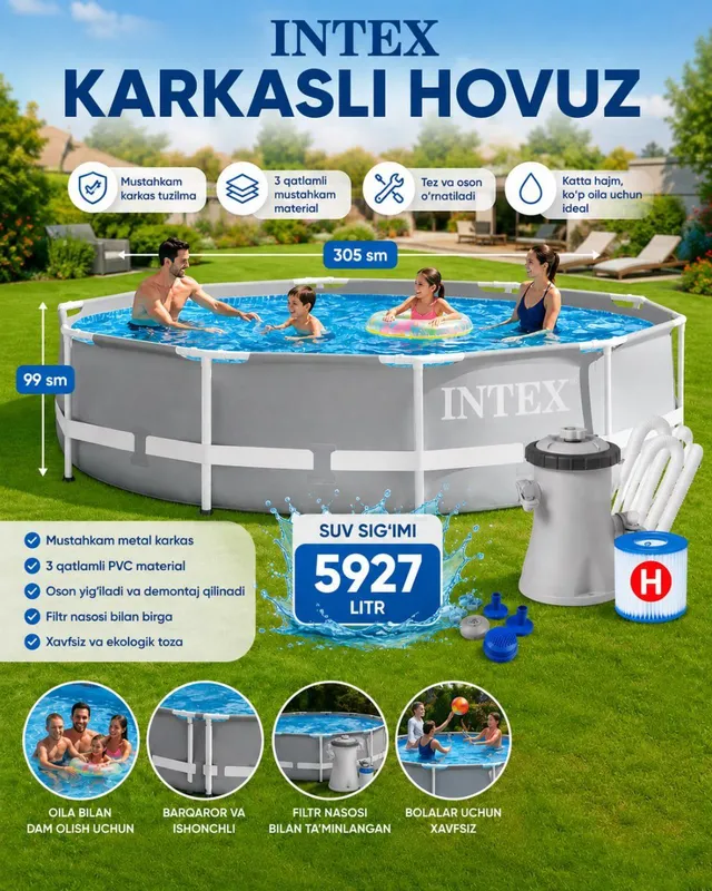 Basseyn Intex 305x99sm,siĝimi 5927 litr,Karkasniy basseyn+Dastavka tek