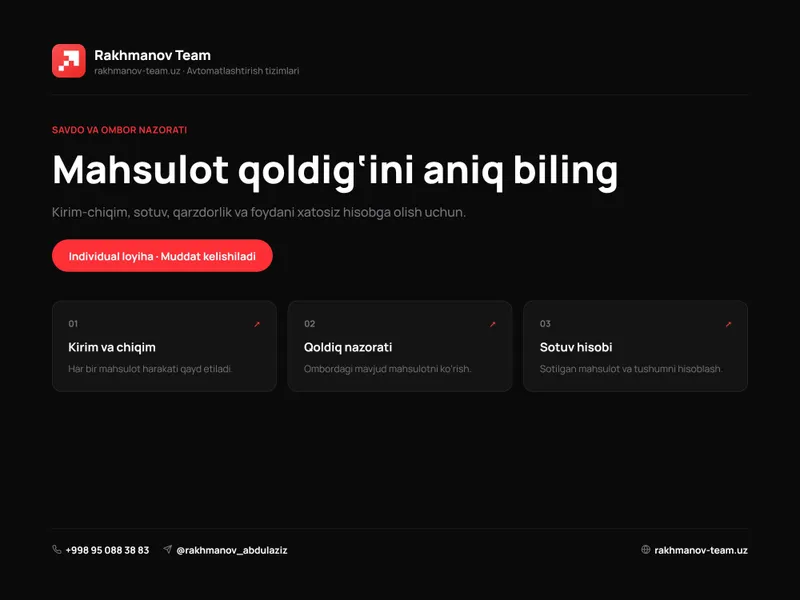 Ombor va savdoni hisobga olish dasturi | Dasturchi xizmati 1 Ombor va savdoni hisobga olish dasturi | Dasturchi xizmati 1