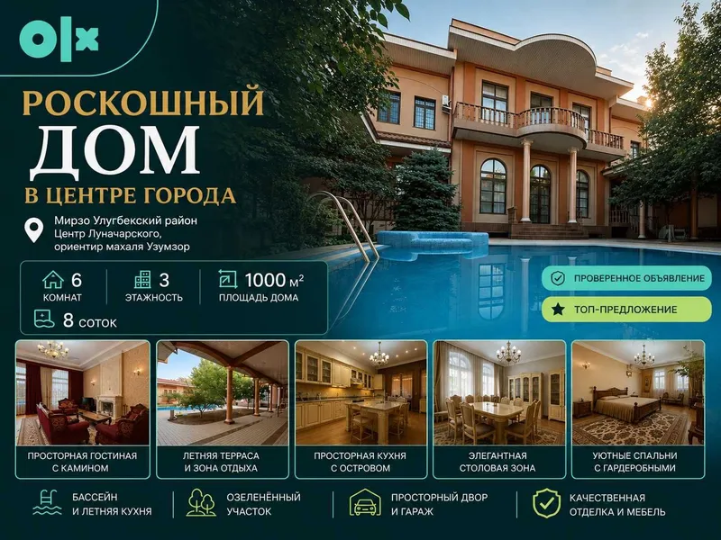 Роскошный дом 1000 м² с бассейном — Центр Луначарского, Узумзор
