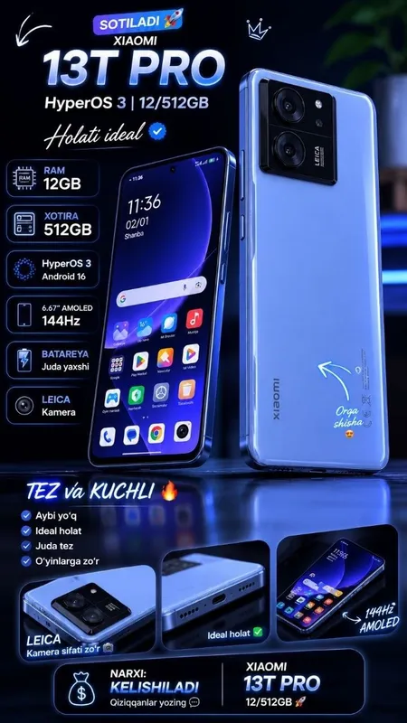 Xiaomi 13T Pro 12/512GB Moviy Rang, Kelishiladi 1 Xiaomi 13T Pro 12/512GB Moviy Rang, Kelishiladi 1