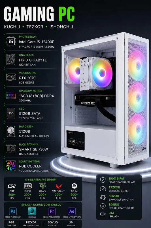 Kuchli Gaming/Ishchi PC (i5-12400F / RTX 2070 / 16GB RAM) – Ideal hol