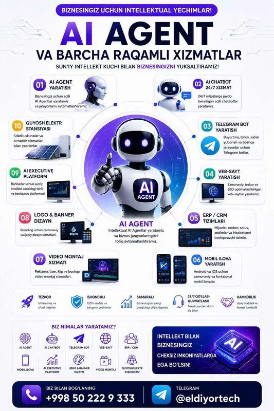 AI Agent | Telegram Bot | ERP CRM | Veb-sayt | Mobil ilova 3 AI Agent | Telegram Bot | ERP CRM | Veb-sayt | Mobil ilova 3
