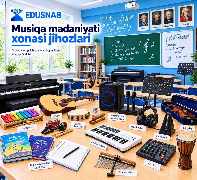 Musiqa xonasi jihozlari — raqamli pianino, sintezator, gitara, skripka 1 Musiqa xonasi jihozlari — raqamli pianino, sintezator, gitara, skripka 1