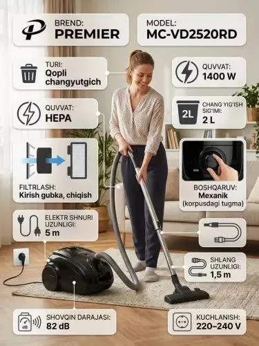 Пылесос, Premier VC-MD2520RD, 1400W, Пылесос, Premier VC-MD2520RD, 1400W,