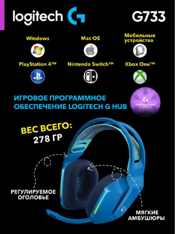 Игровые беспроводные наушники Logitech G733 LIGHTSPEED, до 29 часов работы, синие — фото 2
