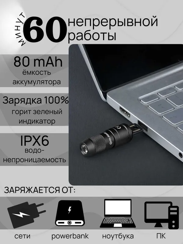 Фонарик Olight iMini 2. 50 лм, Дальность до 21 м, USB, 80 mAh, IPX6 2 Фонарик Olight iMini 2. 50 лм, Дальность до 21 м, USB, 80 mAh, IPX6 2