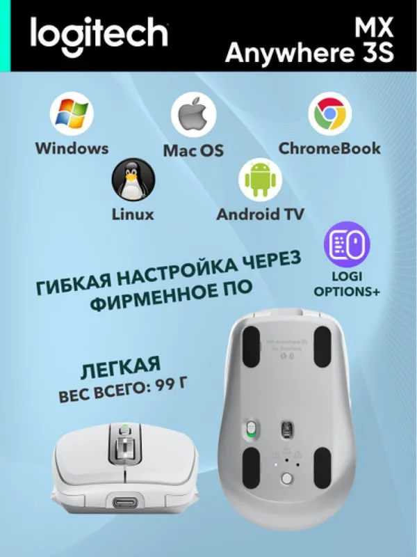 Беспроводная/проводная мышь Logitech MX Anywhere 3S, BT/WL/USB-A/USB-C, лазерный сенсор, серый — фото 3