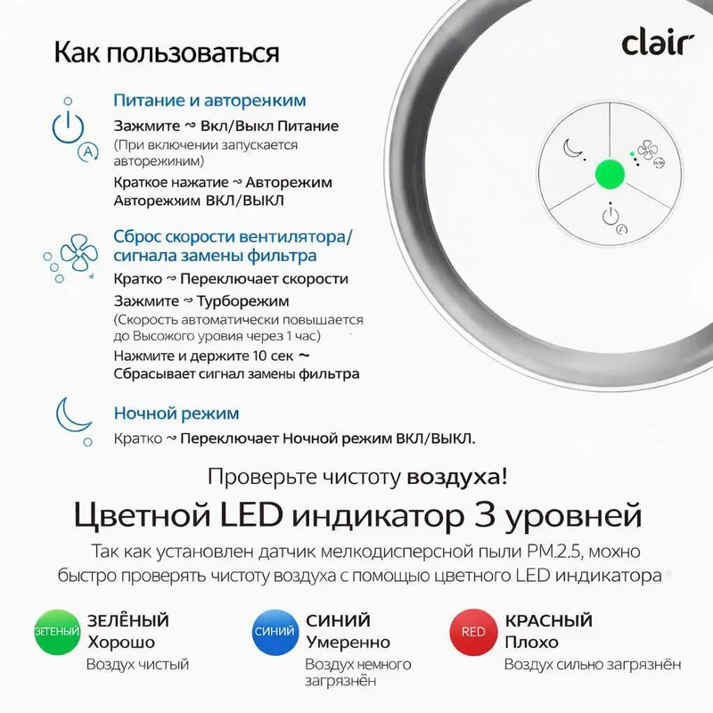 Clair HS Стильный и эффективный очиститель воздуха из Кореи 20-30м2 5 Clair HS Стильный и эффективный очиститель воздуха из Кореи 20-30м2 5