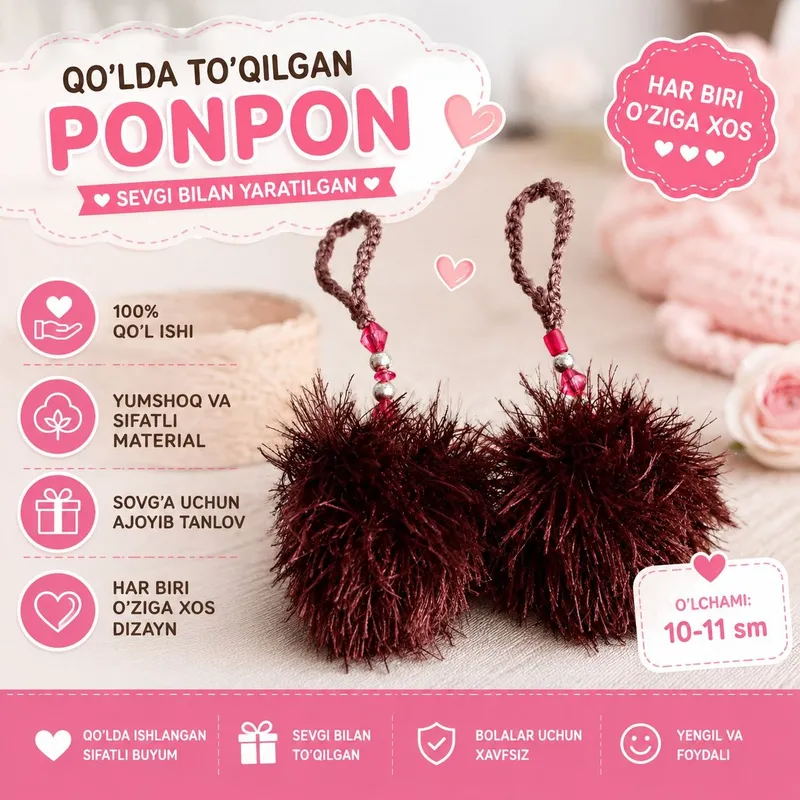 PONPON Sumka, kalitlat to'plami va mashina uchun bezak brelok, xunarma PONPON Sumka, kalitlat to'plami va mashina uchun bezak brelok, xunarma