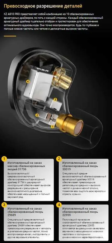 Новые запечатанные проводные наушники KZ AS10 Pro Hi-Fi 10BA — фото 3