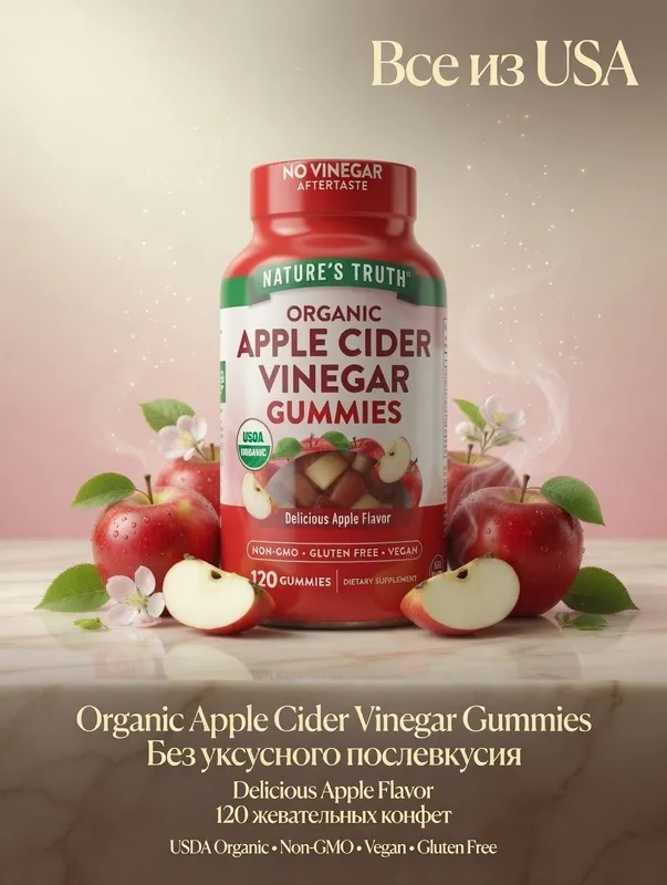 Яблочный Уксус.Apple Cider Vinegar 400 мг,халол.120 веган конфет