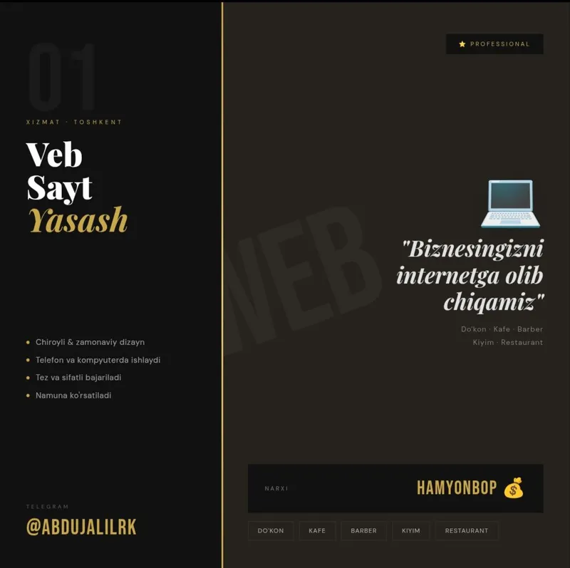 Assalamu alaykum! Men professional veb-sayt yasayman. Do'kon, kafe, ba