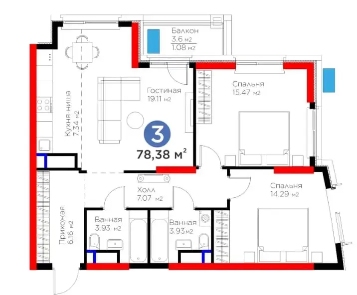 БИЗНЕС-КЛАСС У МЕТРО! Приватность и комфорт. 3-комн. 78 м² — фото 1 БИЗНЕС-КЛАСС У МЕТРО! Приватность и комфорт. 3-комн. 78 м² — фото 1