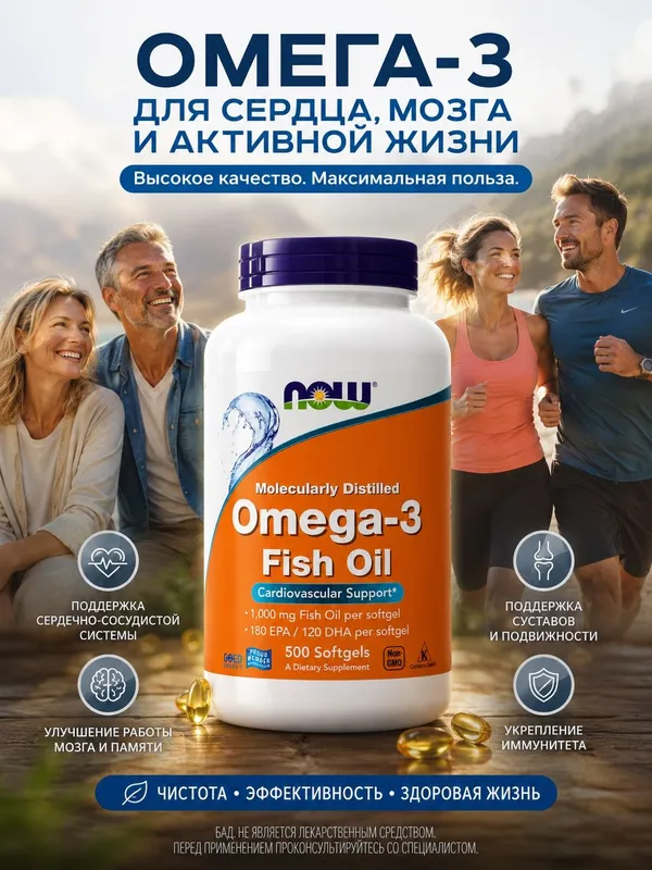 Омега NOW Omega-3 1000 мг 500 капсул 1 Омега NOW Omega-3 1000 мг 500 капсул 1