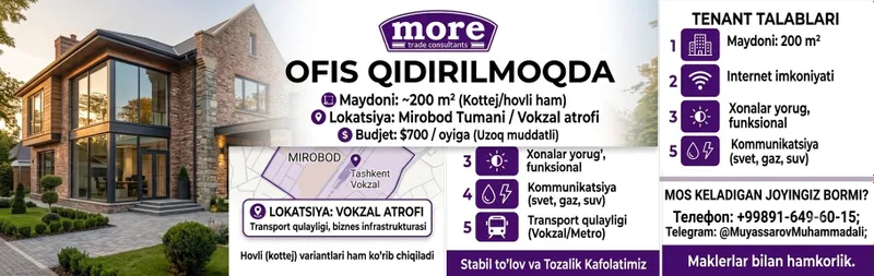 Ofis yoki kottej arendaga olaman(200 m,Mirobod)