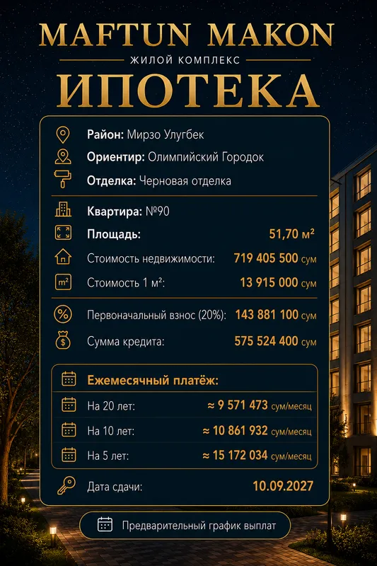 2-ком в Мирзо-Улугбек первоначальный взнос 143 млн 1