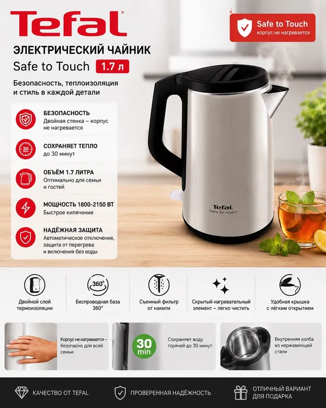 Премиум Электрочайник оригинал Tefal тефаль 1.7L