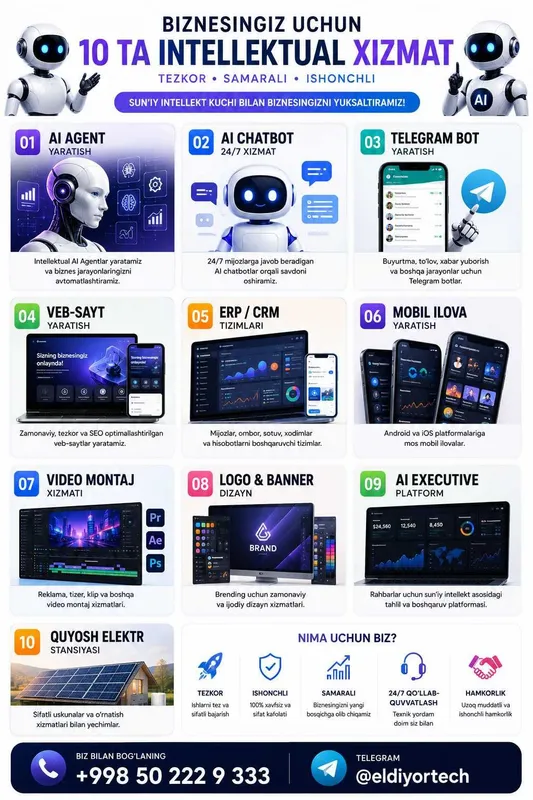 AI Agent | Telegram Bot | ERP CRM | Veb-sayt | Mobil ilova 4 AI Agent | Telegram Bot | ERP CRM | Veb-sayt | Mobil ilova 4