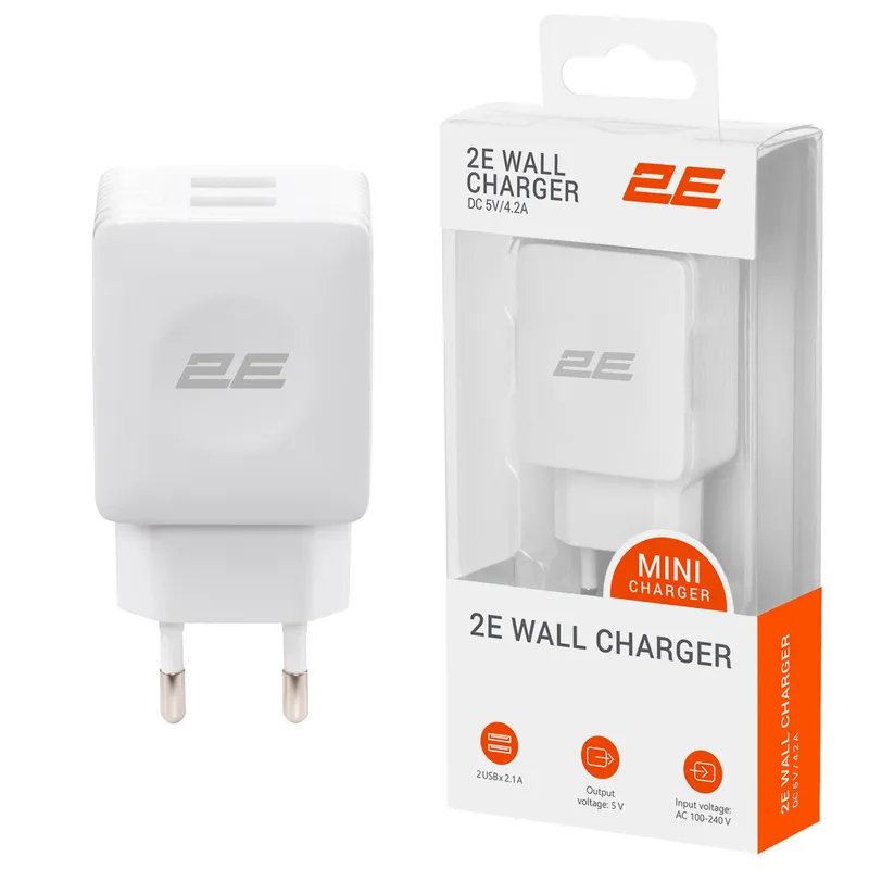 Сетевое зарядное устройство 20W, 2E WALL CHARGER 2 USBX2.1 A, белый