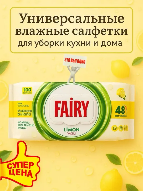 Уксусные влажные салфетки для кухни FAIRY 100 шт — фото 6