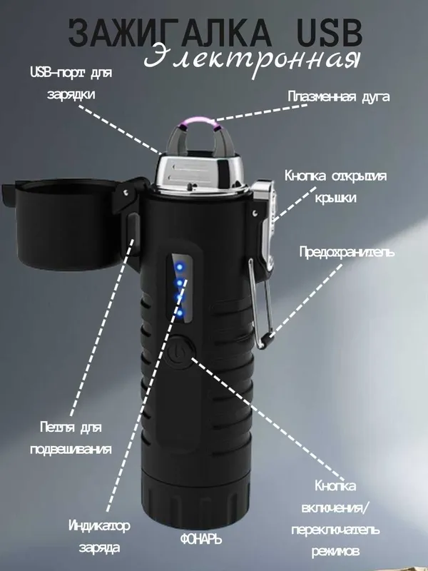 Зажигалка электронная дуговая с фонариком, и функцией SOS, USB зарядка 6 Зажигалка электронная дуговая с фонариком, и функцией SOS, USB зарядка 6