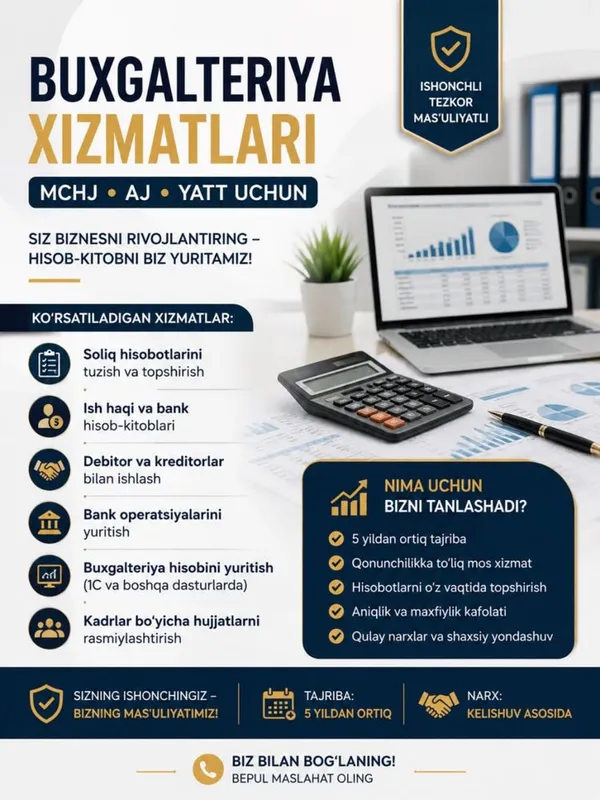 Buxgalteriya xizmatlari | MCHJ • AJ • YATT Soliq hisobotlari Buxgalteriya xizmatlari | MCHJ • AJ • YATT Soliq hisobotlari