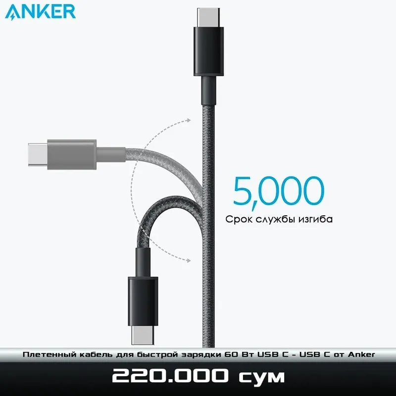 Плетенный кабель для быстрой зарядки 60 Вт USB C - USB C от Anker — фото 3