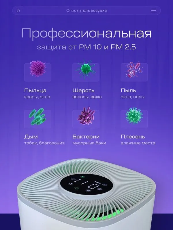 Очиститель воздуха, 3 скорости, традиционный, HyperHEPA, белый — фото 1
