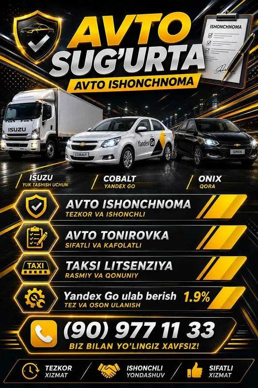 Onlayn sug'urta, ishonchnoma, litsenziya va Yandexga ulab beramiz.