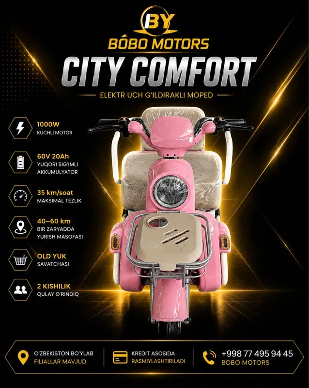 Elektr uch g'ildirakli moped- Bobo Motors 4 Elektr uch g'ildirakli moped- Bobo Motors 4
